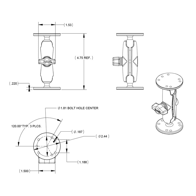 RAM Universal Double Ball Mount with Two Round Plates - B Size Medium