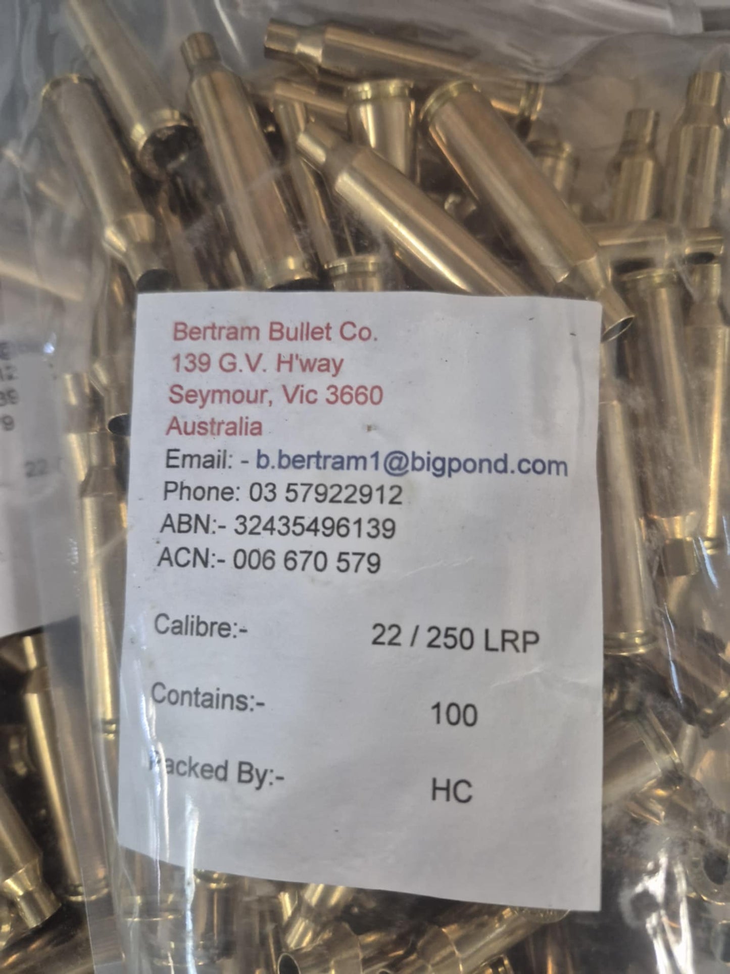 Bertram Bullet Company 100 Unprimed Brass Cases . 22-250 LRP