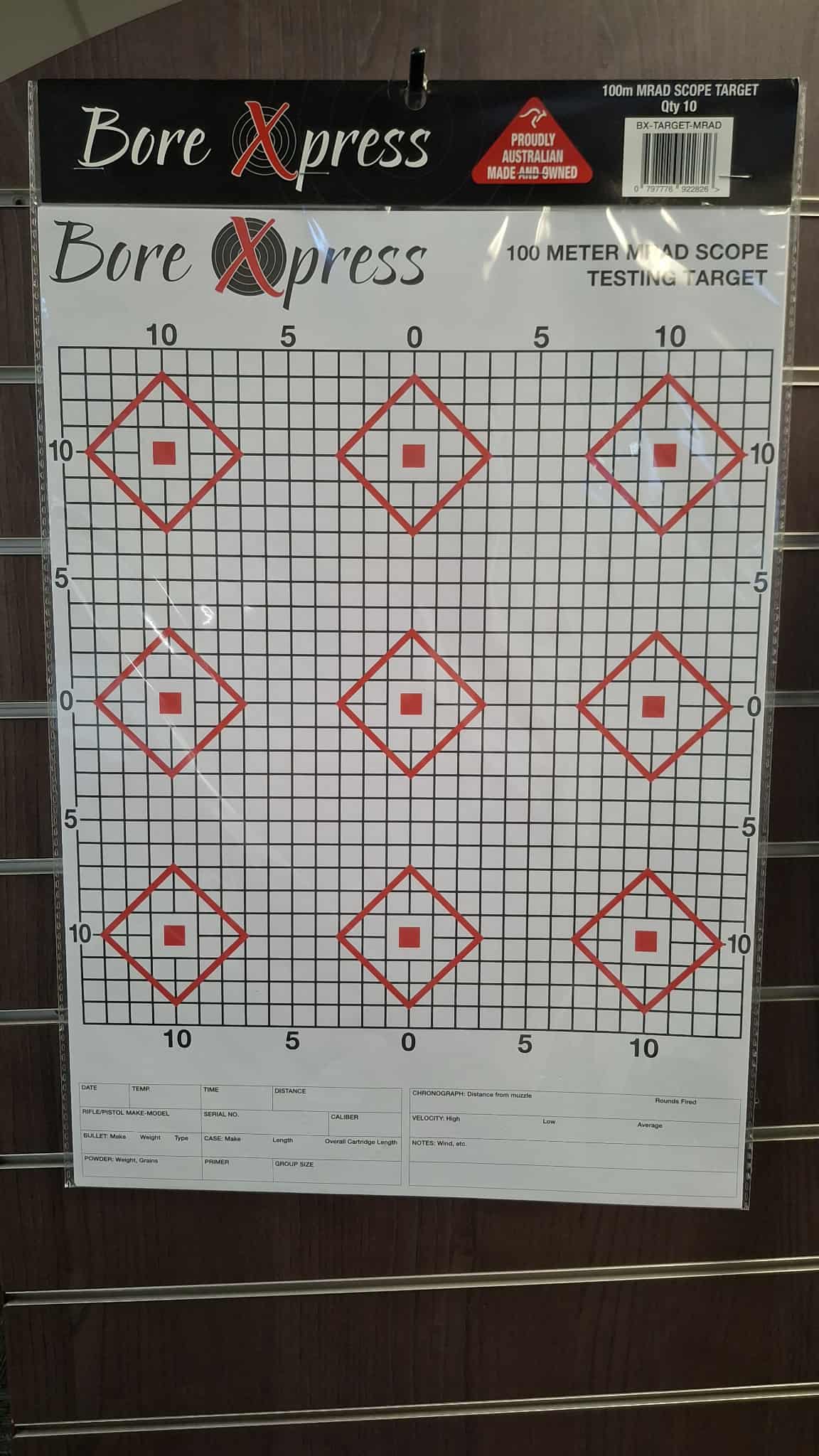 Bore Xpress 100 Meter MRAD scope testing target Pack 10