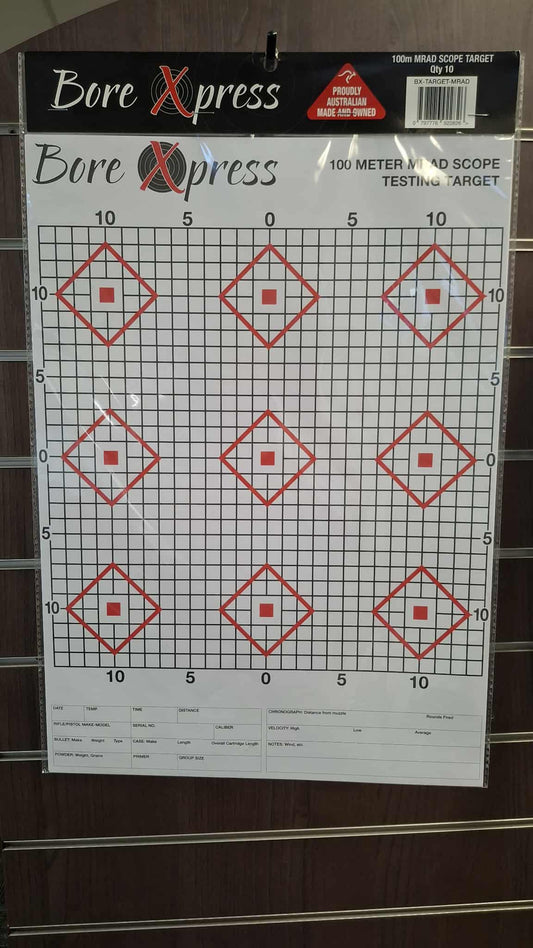 Bore Xpress 100 Meter MRAD scope testing target Pack 10